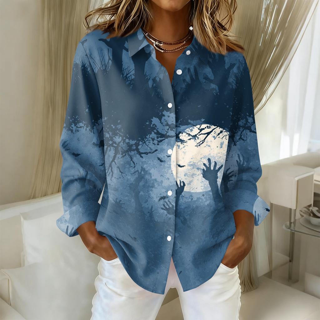 Women Button Down Shirt Halloween Pumpkin Print Turn Down Collar Long Sleeve Casual Fit Blouse Top for Daily Wear