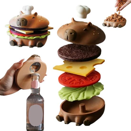 Capybara Burger Untersetzer Set Niedlicher Hamburger Untersetzer mit Flaschenöffner und Aufbewahrungsschale Lustiger Tier-Themen-Untersetzer für Getränke Kaffee Tee Tischdekoration