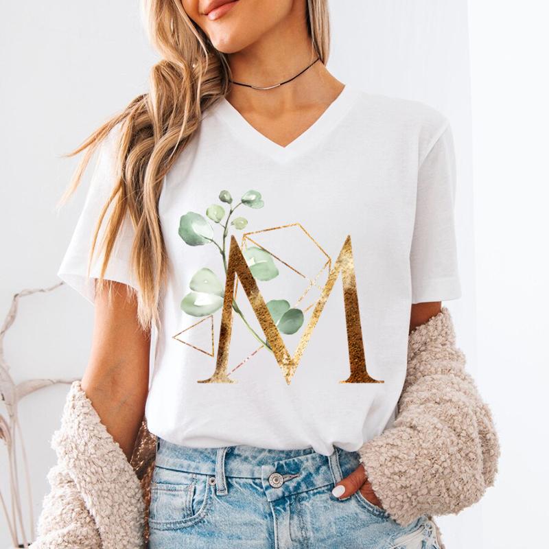 Pink Flower Letters Az Print Tshirt 26 Alphabet Unisexs Vneck Tshirt Flower Letter A B C D Short Sleeve Female Tees Tops