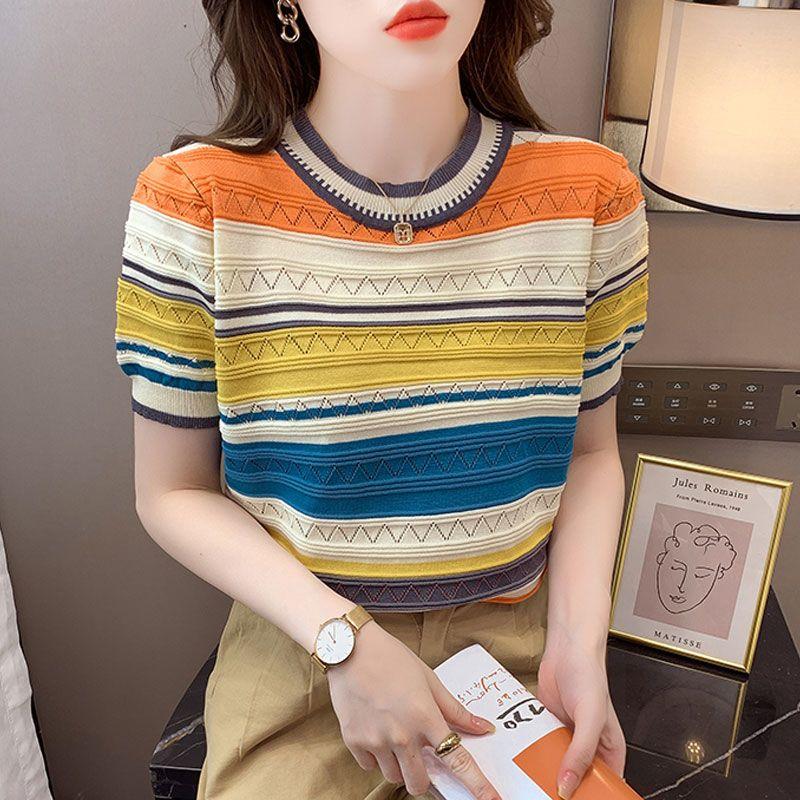 

Short-sleeved Striped T-shirt for Women Loose Slimming Thin Sweater Spring Foreign Style Shirt Age-reducing Top for Women XXXL помаранчевий