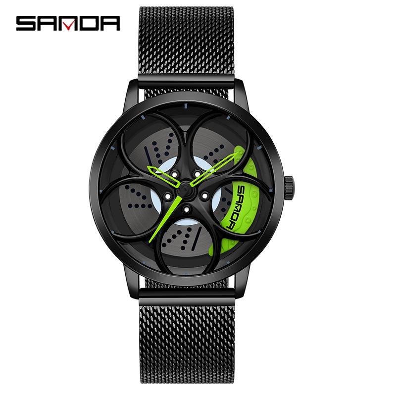 Sanda Men's Fashion Quartz Watch, Mesh Strap, Waterproof, Outdoor Casual, Hollow Wheel Dial.