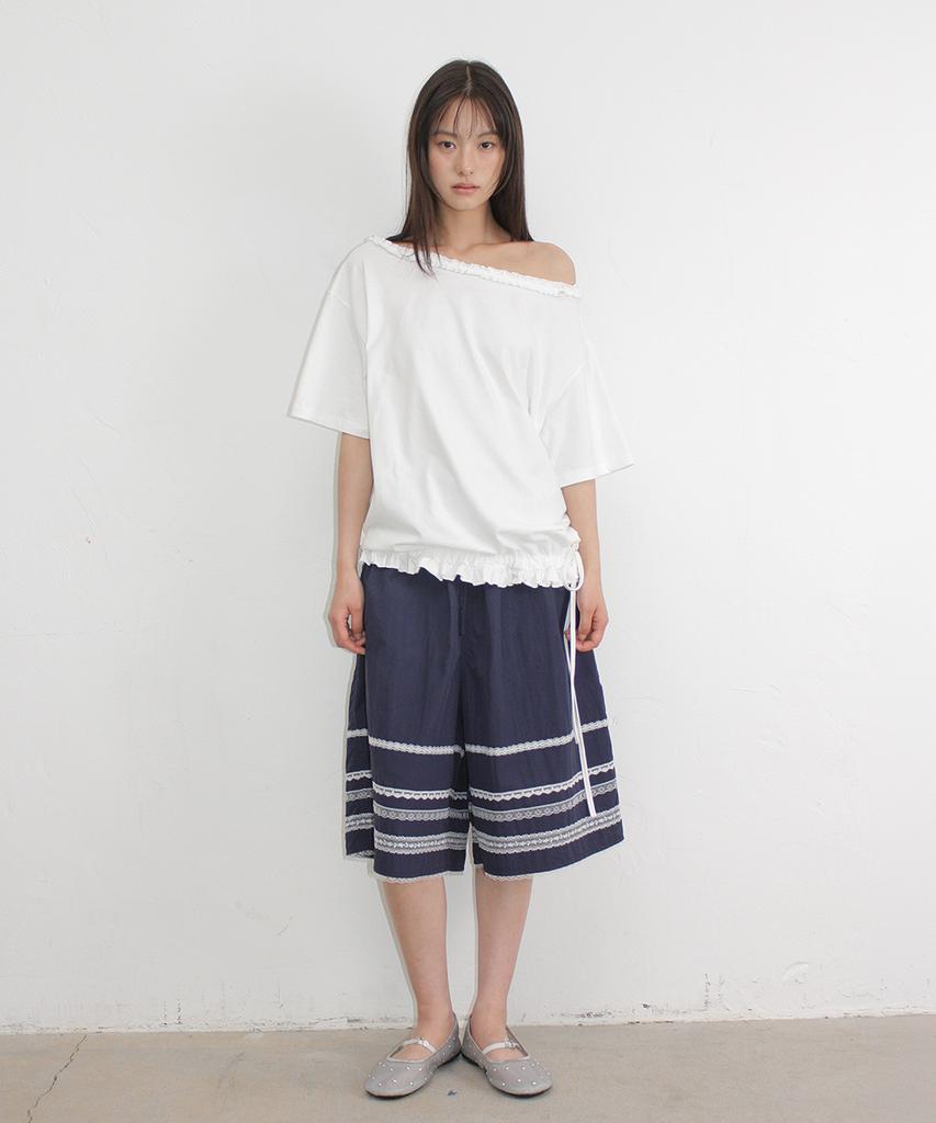 RONRON Lace Trim Nylon Bermuda Pants Navy