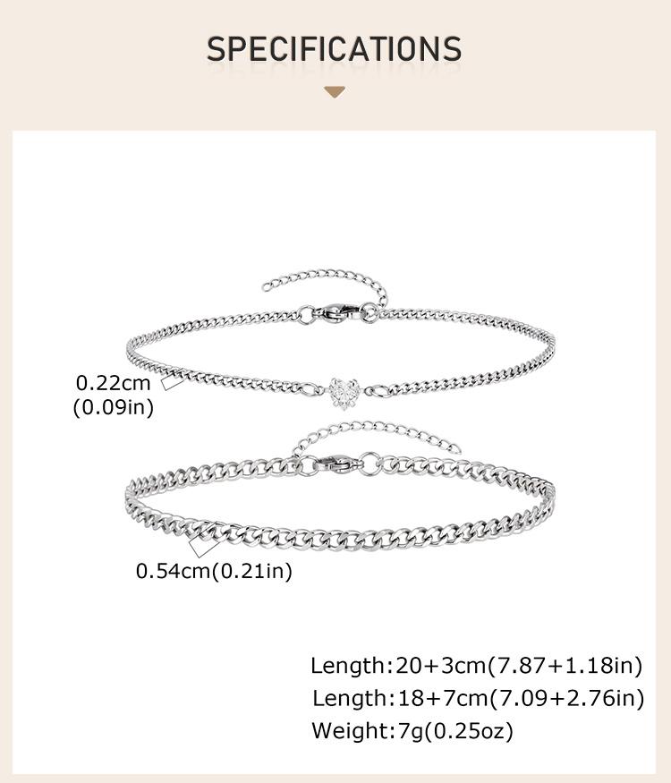 2Pcs Matching Couple Bracelets Set for Couple, Cuban Link Chain Heart Cubic Zirconia, Adjustable Stainless Steel Tarnish-Free