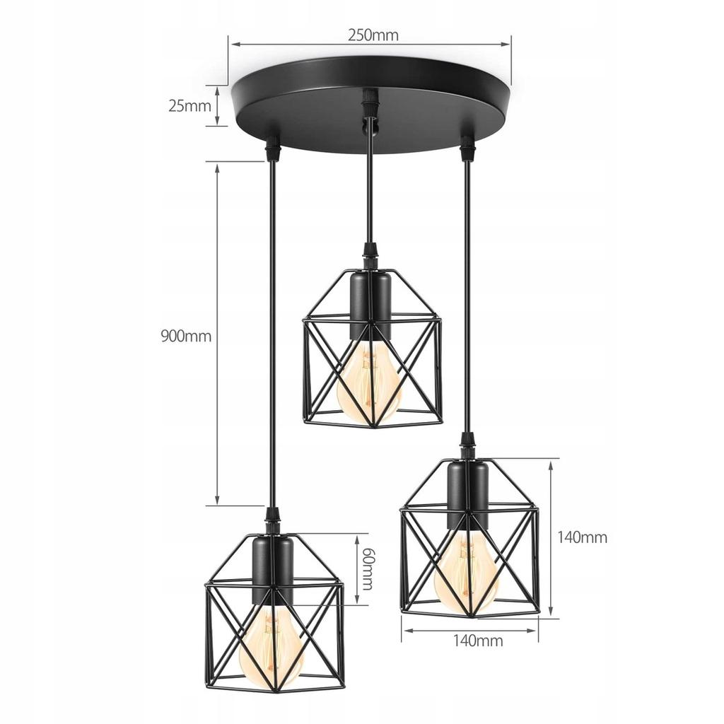 Tm-Ecommerce Vintage Hanging Lamp 3 Light Points E27