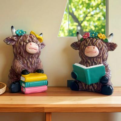 Фігурка Шотландської корови, що читає книгу, Статуя худоби з смоли, Скульптура, Декорація для дому та офісу, Подарунки для книголюбів