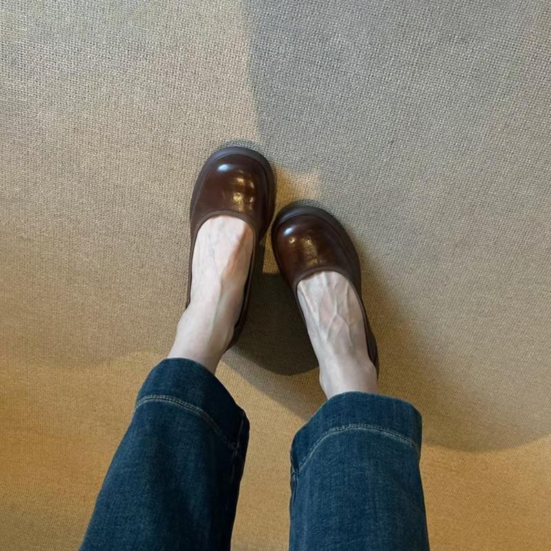 Sheepskin version~ retro shallow leather single shoes women's round head thick heel one pedal Mary Jane shoes small leather shoes