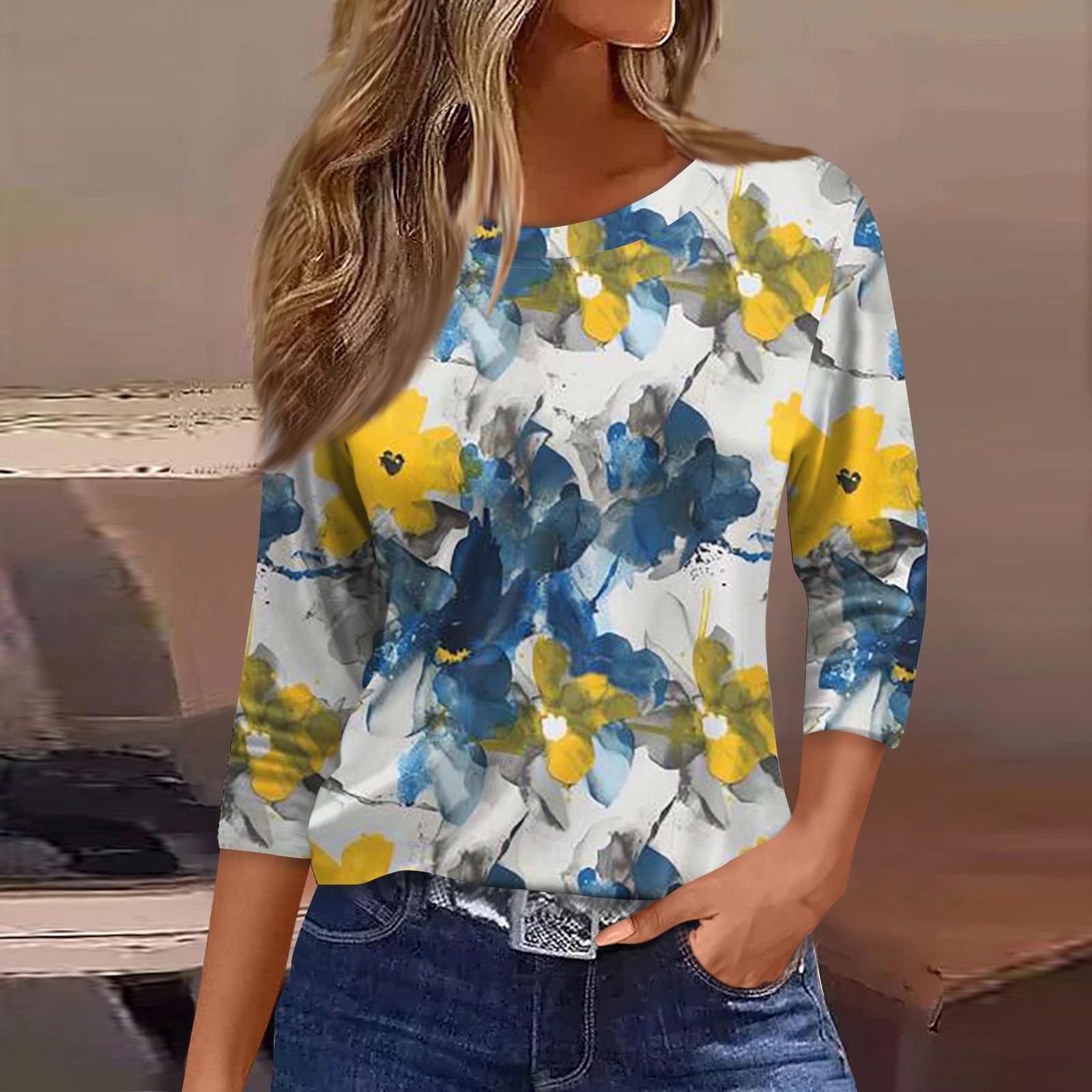 

Женские топы с рукавами 3/4, цветочный принт, винтажная мода, повседневные свободные рубашки с круглым вырезом больших размеров L синий