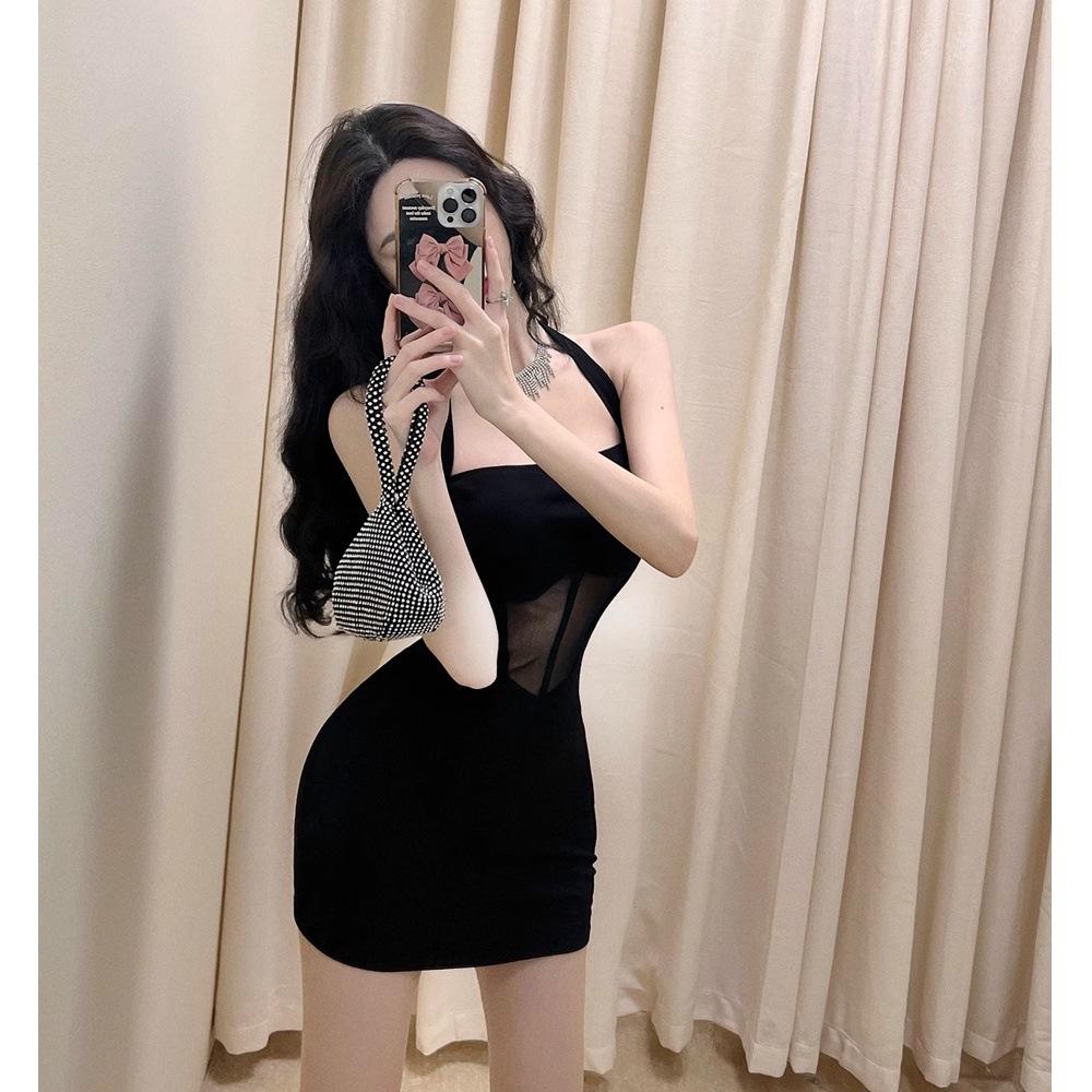 Schwarzes Mesh-Naht eng anliegendes Temperament Trägerkleid