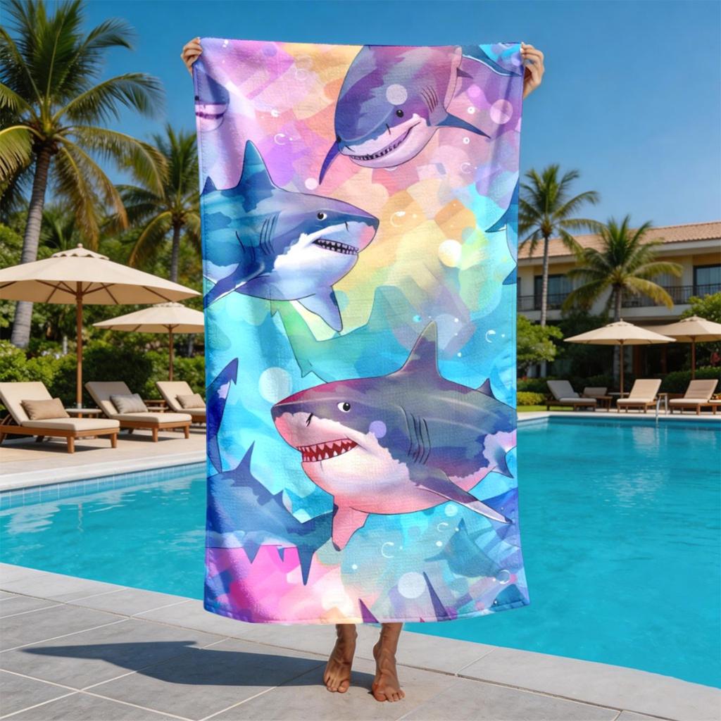 Watercolor shark print theme polyester microfiber beach towel is highly absorbent, suitable for swimming and beach outings