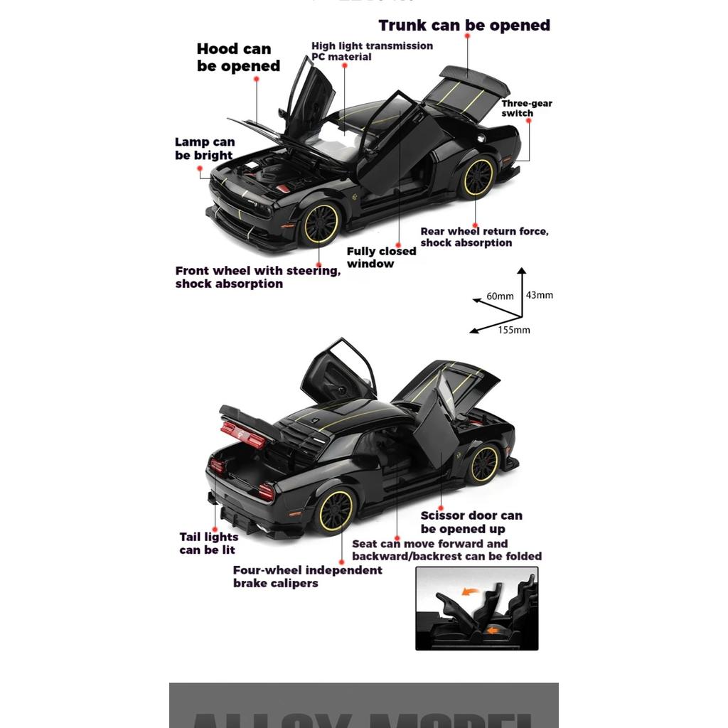 1/32 Scale Dodge Challenger SRT Hellcat Redeye Sports Car Alloy Metal Diecast Model Car Simulated Engine Sound and Light Holiday Gifts