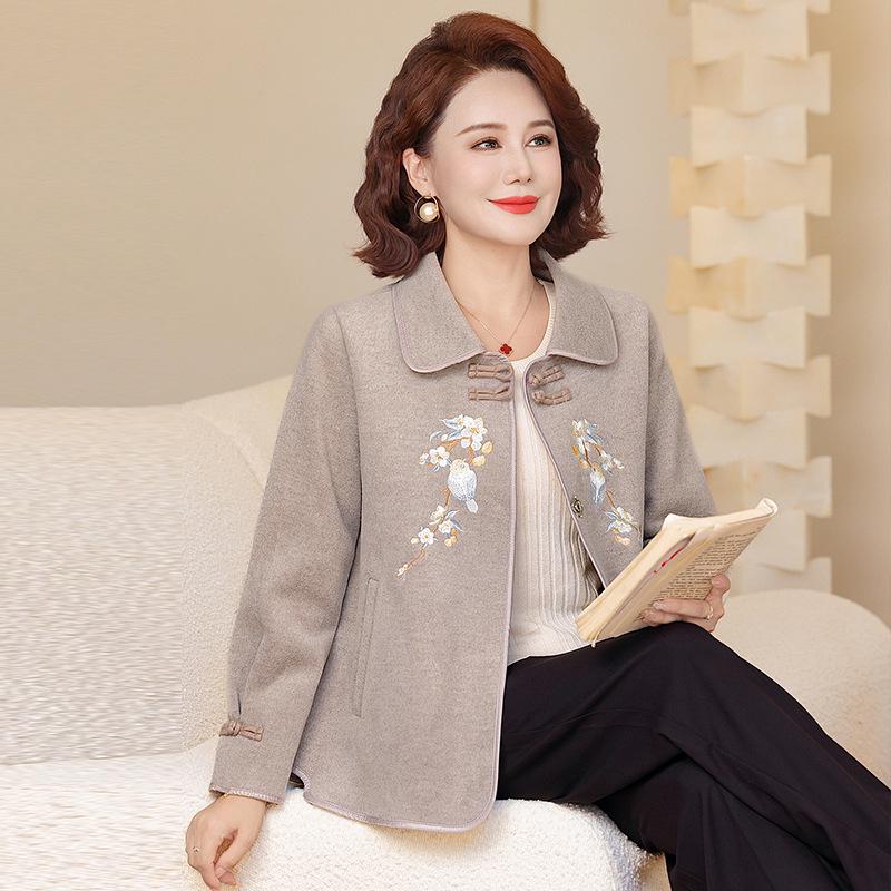 Autumn/Winter 2025 Embroidered Lapel Jacket for Women - Age-Reducing Chinese Button Cardigan for Middle-Aged and Elderly Moms