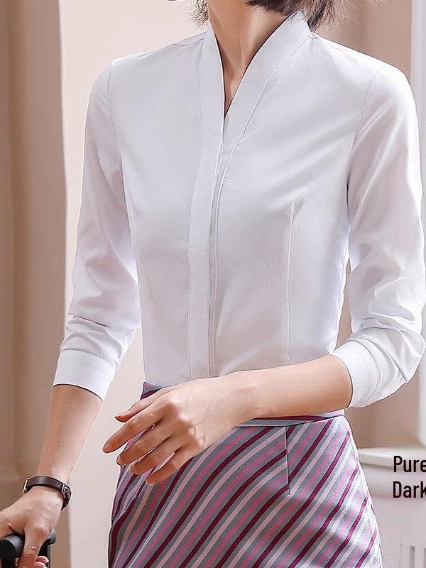 Women's White V-neck Professional Flight Attendant Shirt: Interview and Workwear Suit for Airline and Hotel Staff