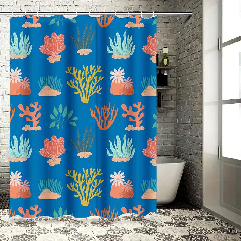 Colorful Coral Reef Shower Curtain Waterproof Bath Mat Bathroom Decor Home Supplies 245X180cm (Blue)