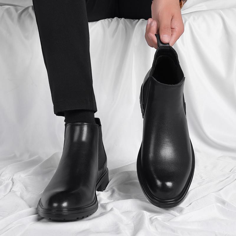 Fashion Vintage Chelsea Mens Ankle Boots Elevator Leather British Style Street Style Male Platform Chelsea Boots Slip On Motocross Boots