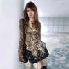 2KWEIRD Cămașă Japoneză Y2k cu Imprimeu Leopard Vintage Harajuku Bluze cu Volane Estetică Grunge Gât în V Cămașă Neregulată Trashy Anii 90