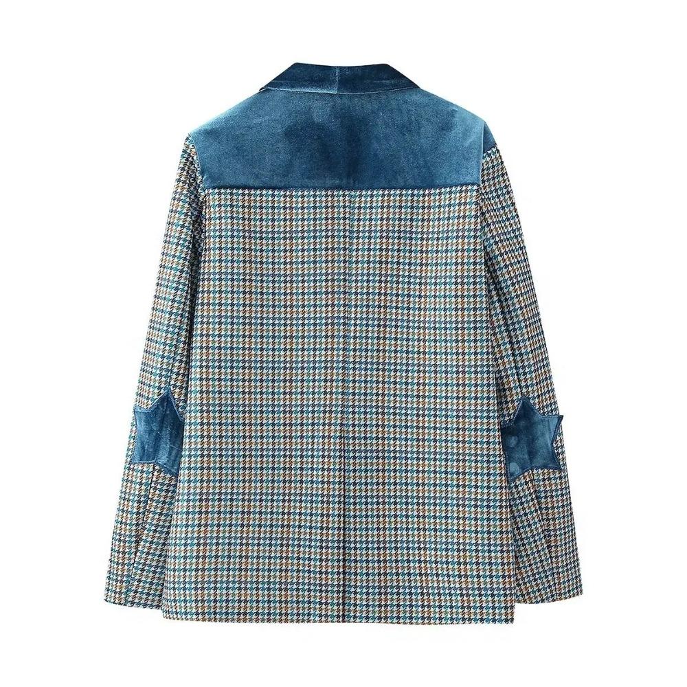 Spring and Autumn New Product Women's Fashion Simple Velvet Splice Embroidered Fabric Patch Long Sleeved Loose Suit Coat