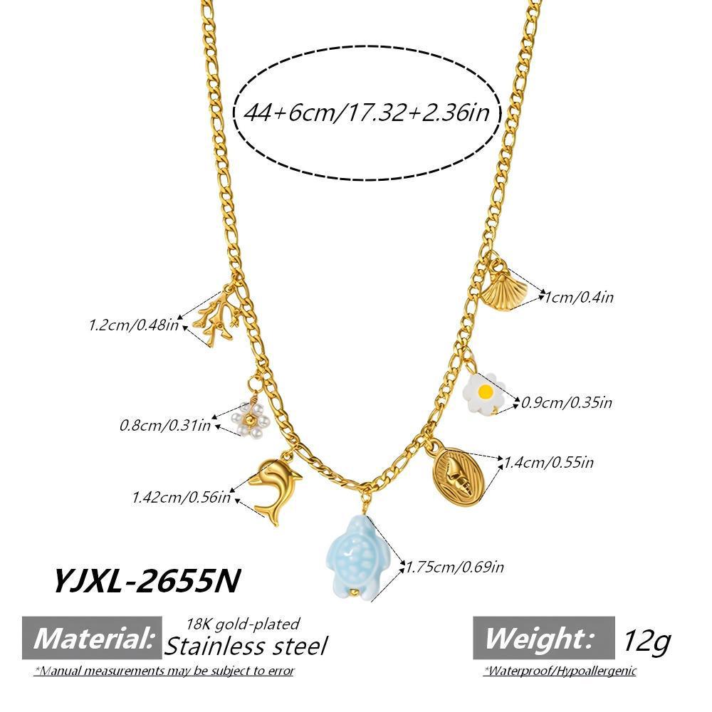 Ocean Style Women's Necklace with Shell, Starfish, Sea Turtle Pendants In Stainless Steel
