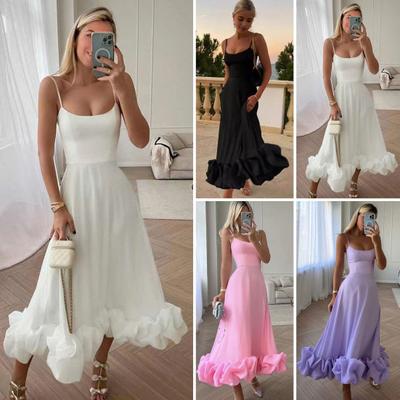 Women Slip Dress Backless Sleeveless Spaghetti Strap Cloud Hem A-line SLim Fit Solid Color Evening Dress Prom Party Maxi Dress