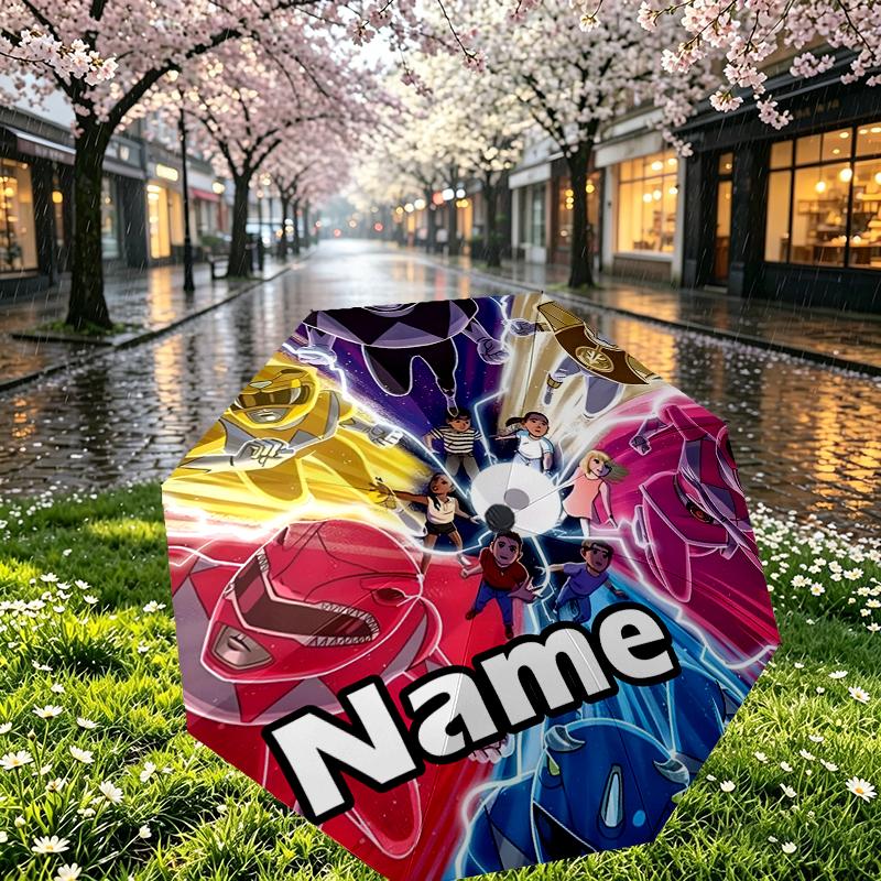 Custom Name Personalized Mighty Morphin Power Rangers Print Umbrella, Auto Open Close, 8‑Rib Sturdy Frame, Commute Camping Hiking Use, Birthday Gift