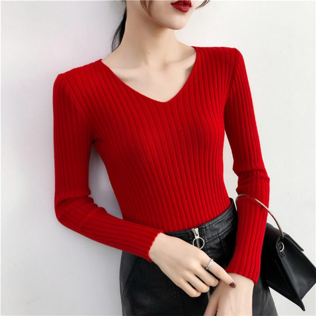V-neck Sweater, Knitted Sweater, Women's Sweater, Stretch Sweater, Pullover Sweater, Slim Fit Sweater, Base Coat, Inner Layer, Top Coat