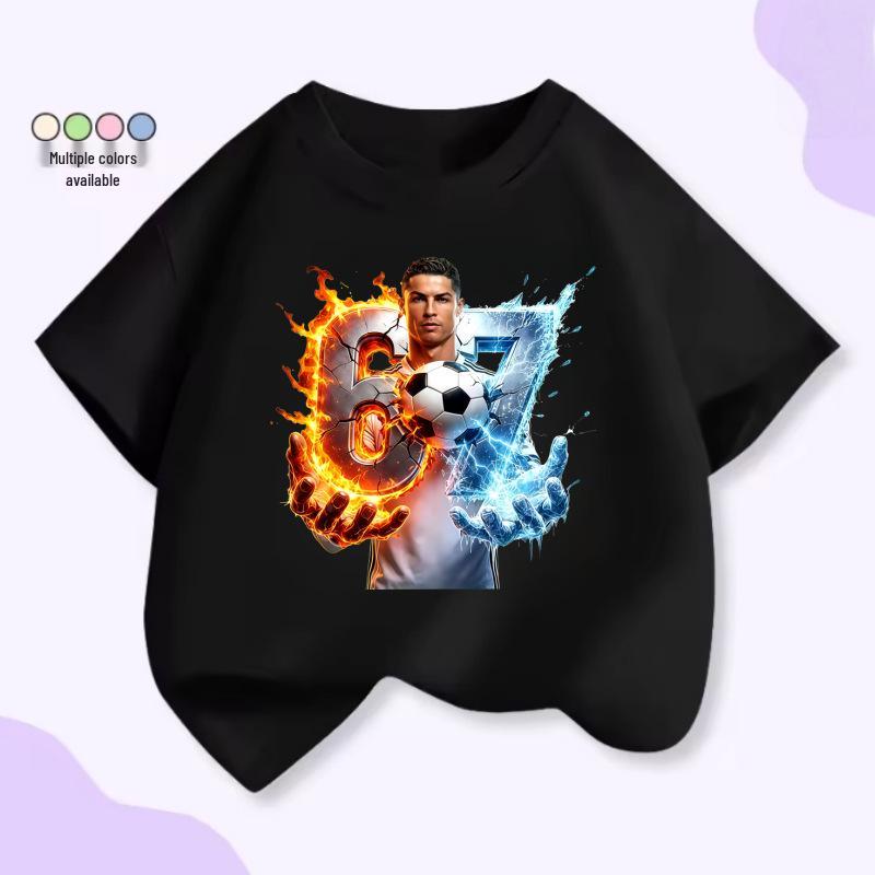 Unisex T-shirt voor Kinderen met Korte Mouwen - Voetbal Supersterren Print (Messi & CR7), Zomer Katoen Ronde Hals