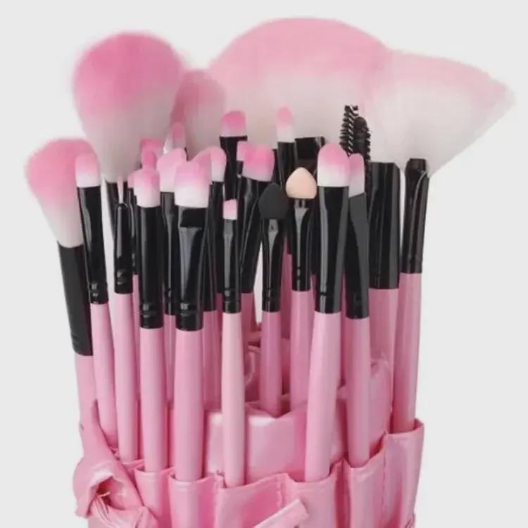 32-Piece Pink Makeup Brush Set with Black Wood Handles