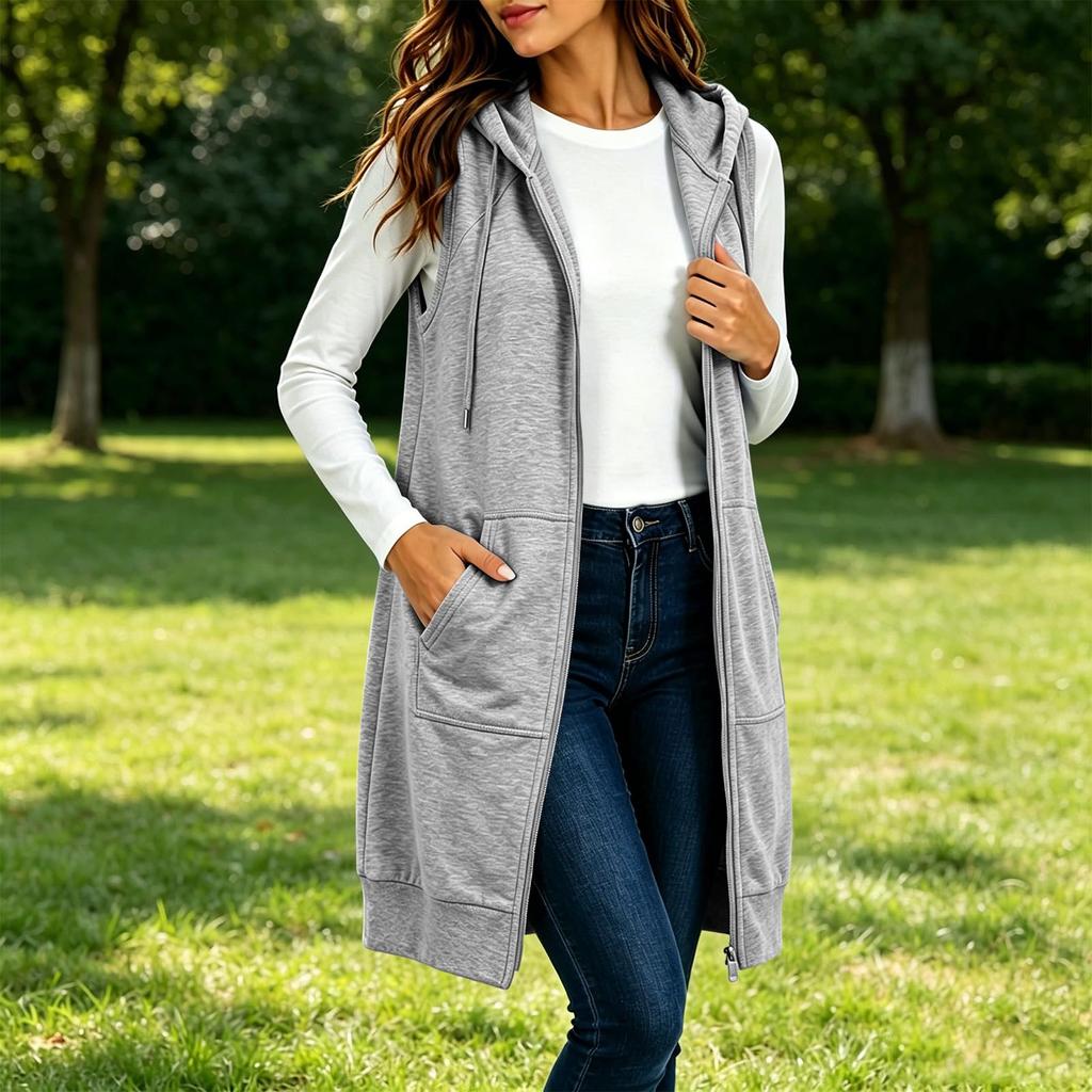 Women's Hooded Sleeveless Long Vest with Pockets - Color Loose Fit Casual Jacket