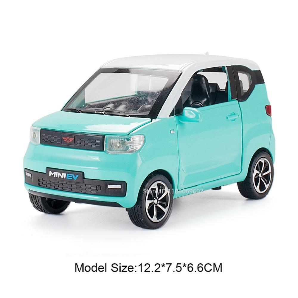1:24 WuLing HongGuang Mini EV Car Toy Models with Motorboat Alloy Diecast Sound Light Doors Opened Pull Back for Children Gifts