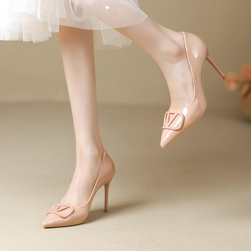 Nude High Heels Women's New V Home Buckle Pointed Head Thin Heel French Patent Leather Light Mouth Autumn Temperament Single Shoes Winter
