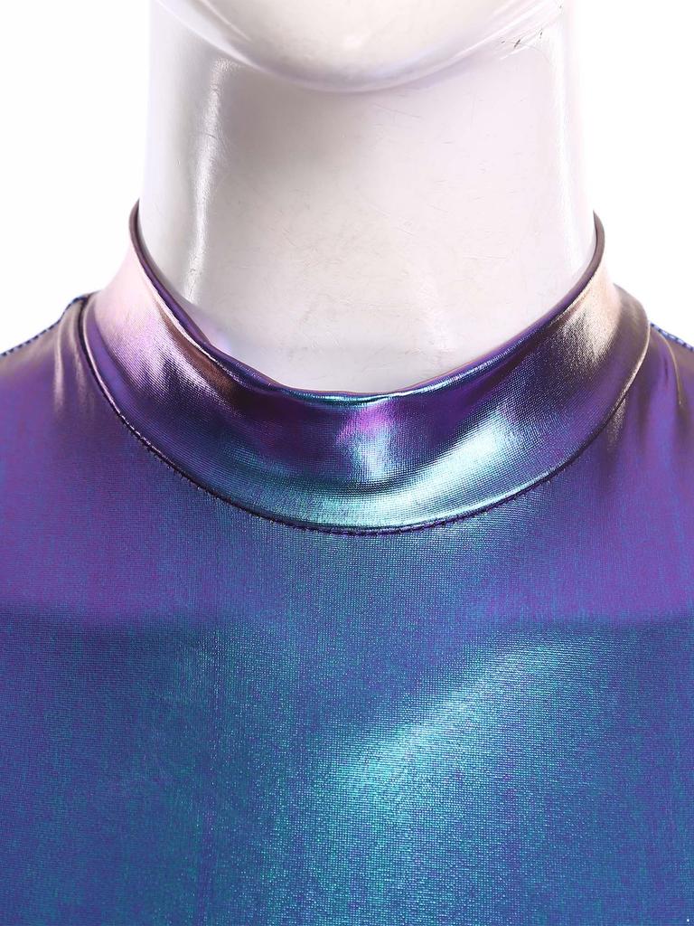 Womens Metallic Shiny Bodysuit Mock Neck Short Sleeve Back Hidden Zipper Bodycon Leotard