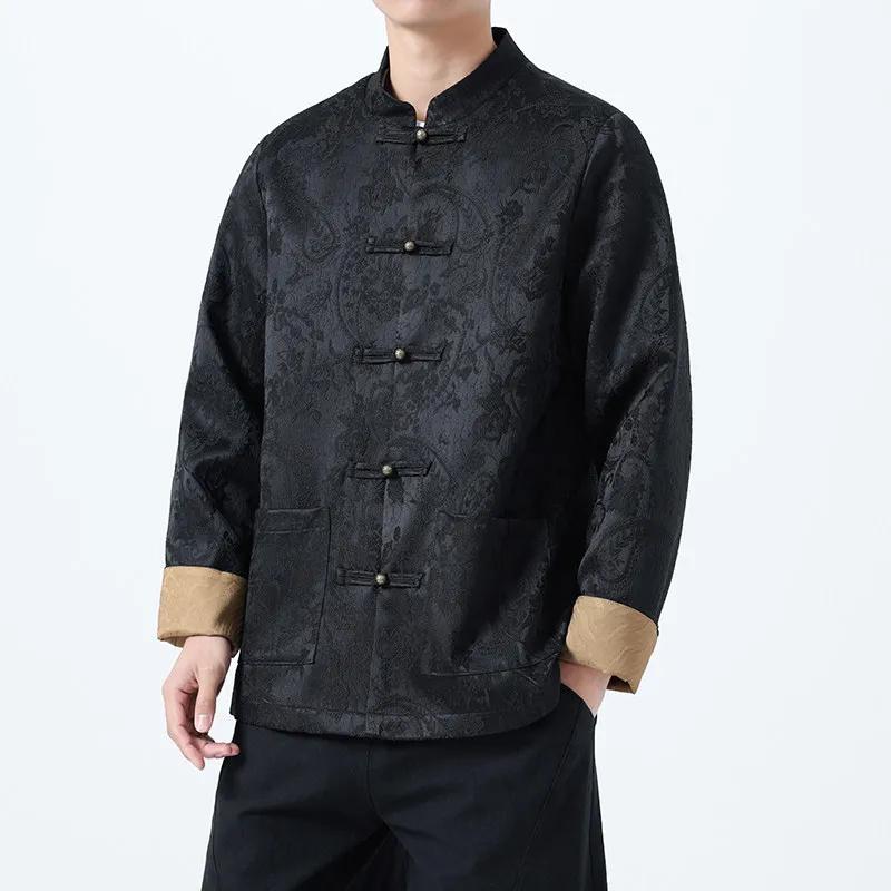 Herren Neue Chinesische Stil Zhongshan Jacke Herren Jacquard Jacken Herren Froschknopf Mandarin Kragen Mantel Farbkontrast Formelle Oberbekleidung
