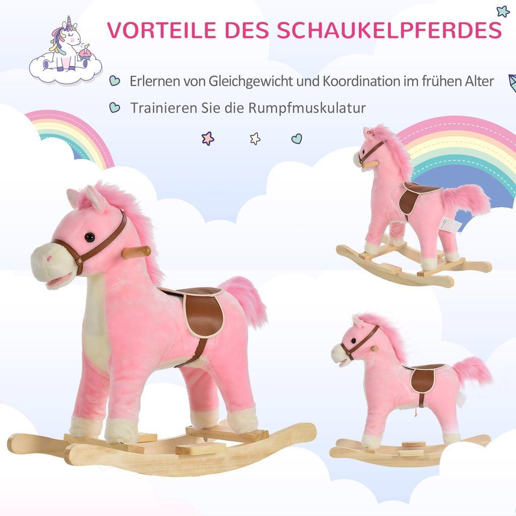 Kinder Schaukelpferd Baby Schaukeltier Pferd mit Tiergeräuschen Spielzeuggriffe für 36-72 Monate Plüsch Rosa 65 x 32,5 x 61 cm