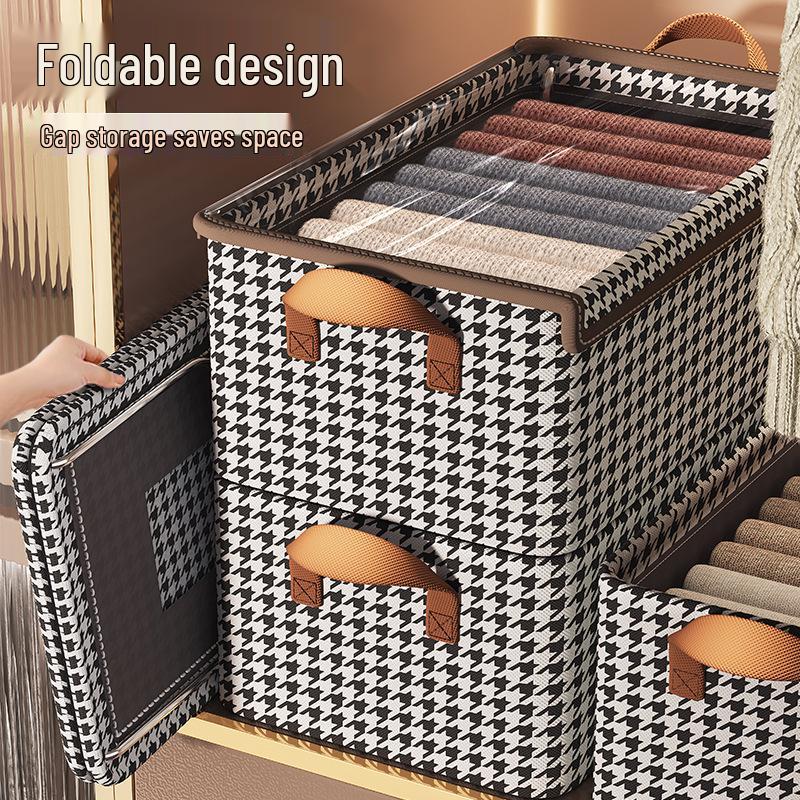 Houndstooth Foldable Quilt Storage Box with Lid - Large Wardrobe Bin for Clothes & Pants.