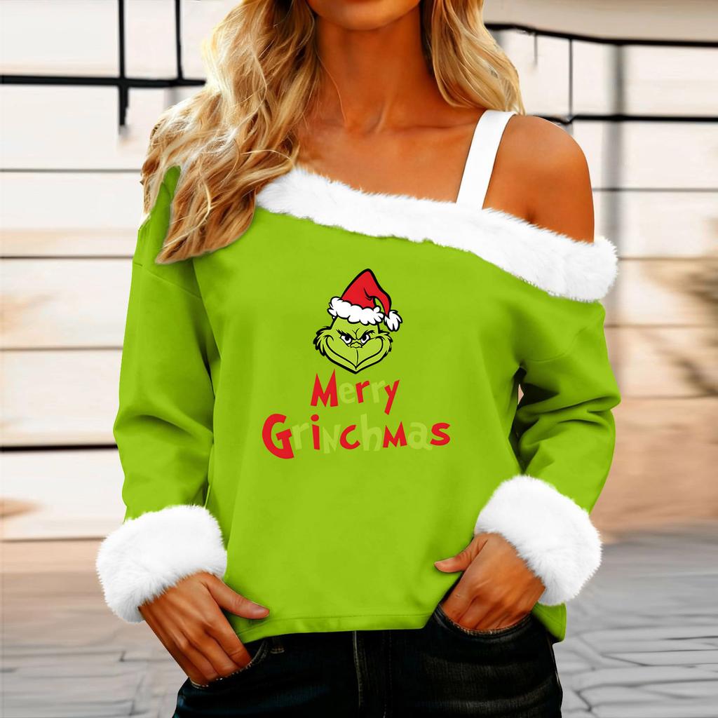 Women's Casual Fashion Sexy Off-Shoulder Collar Christmas Pattern Long Sleeve Crewneck T-Shirt Top