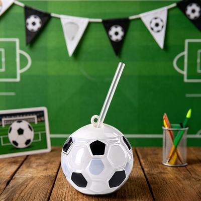 Soccer Water Bottle with Straw, 500ml Football Shaped Plastic Cup, Sports Drink Tumbler with Lid for Game Day, Fan Gift