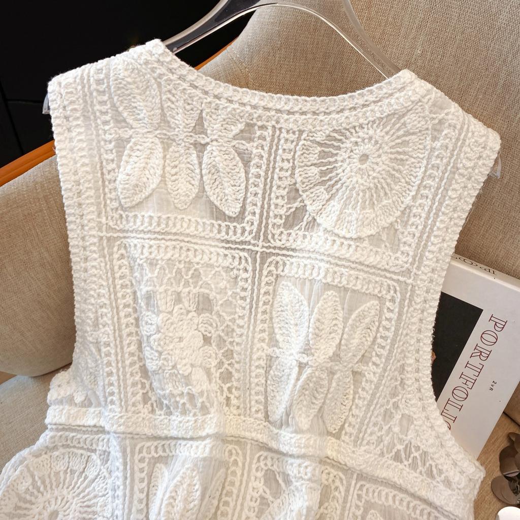 DIMANAF 2025 New Short Vest T-Shirt Women Sleeveless Round Buttons Knitting Lace Vest O-Neck Summer Style Basic Tops Tees Loose Clothing