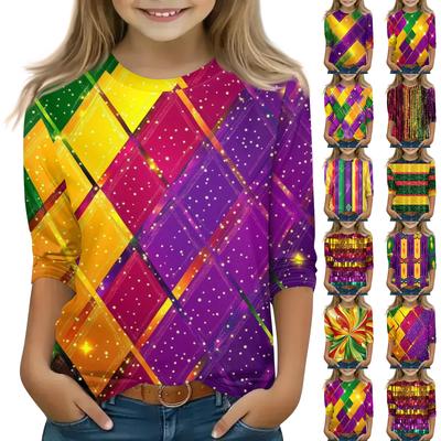 Print Tops For Youth Girls Round Neck 3/4 Sleeves T-Shirts Trendy Tops Outfit Tees