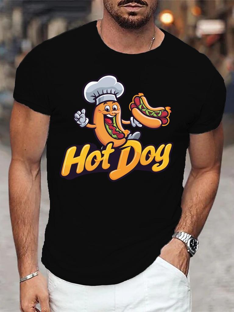 Cartoon Chef Hot Dog Character Letter Graphic Unisexs Cotton Crew Neck Tee Short Sleeve Loose Casual Daily Street Male Wear Top