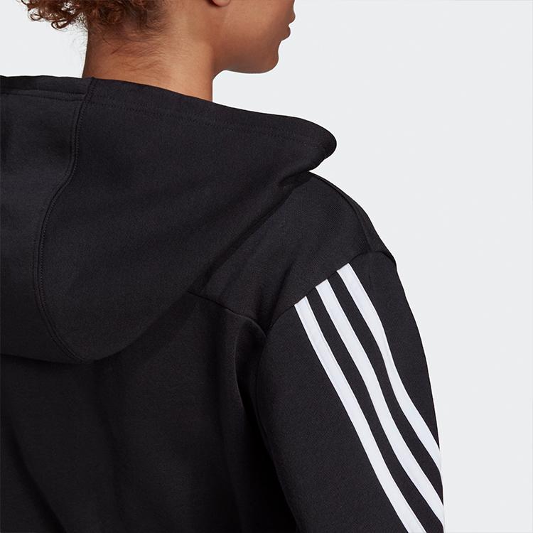 adidas Crop Hoodie Casual Sport Striped Training Pullover Sweatshirt Women Tops Black H47479