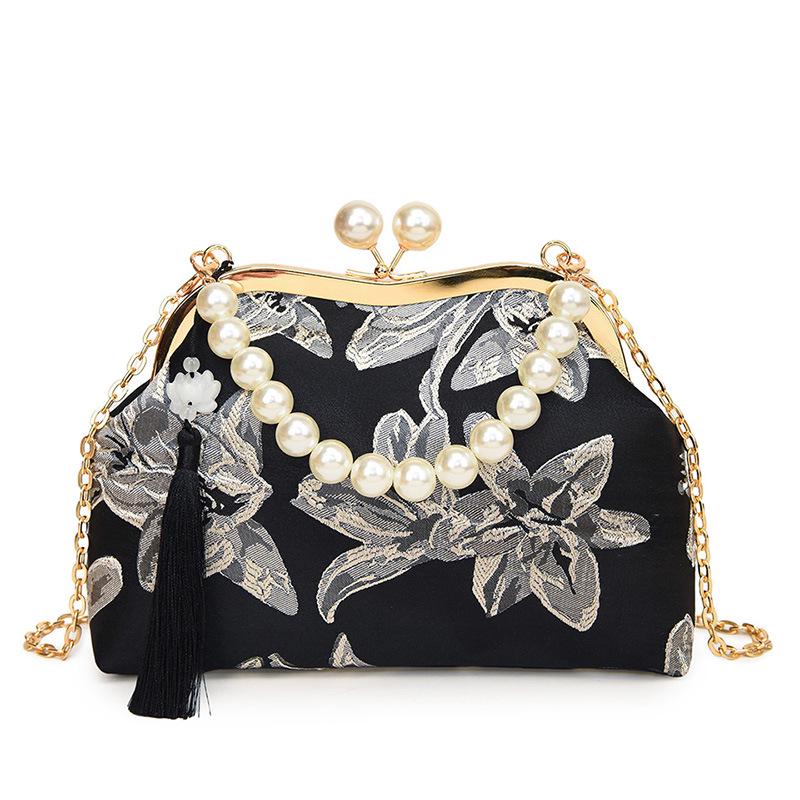 2026 Women's Crossbody Evening Bag with Chain Clasp - Textured Qipao Embroidery & Pearl Design
