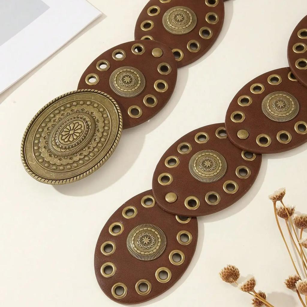 Women's Retro Oval Patchwork Belt Bohemian Western Cowboy Style Accessory