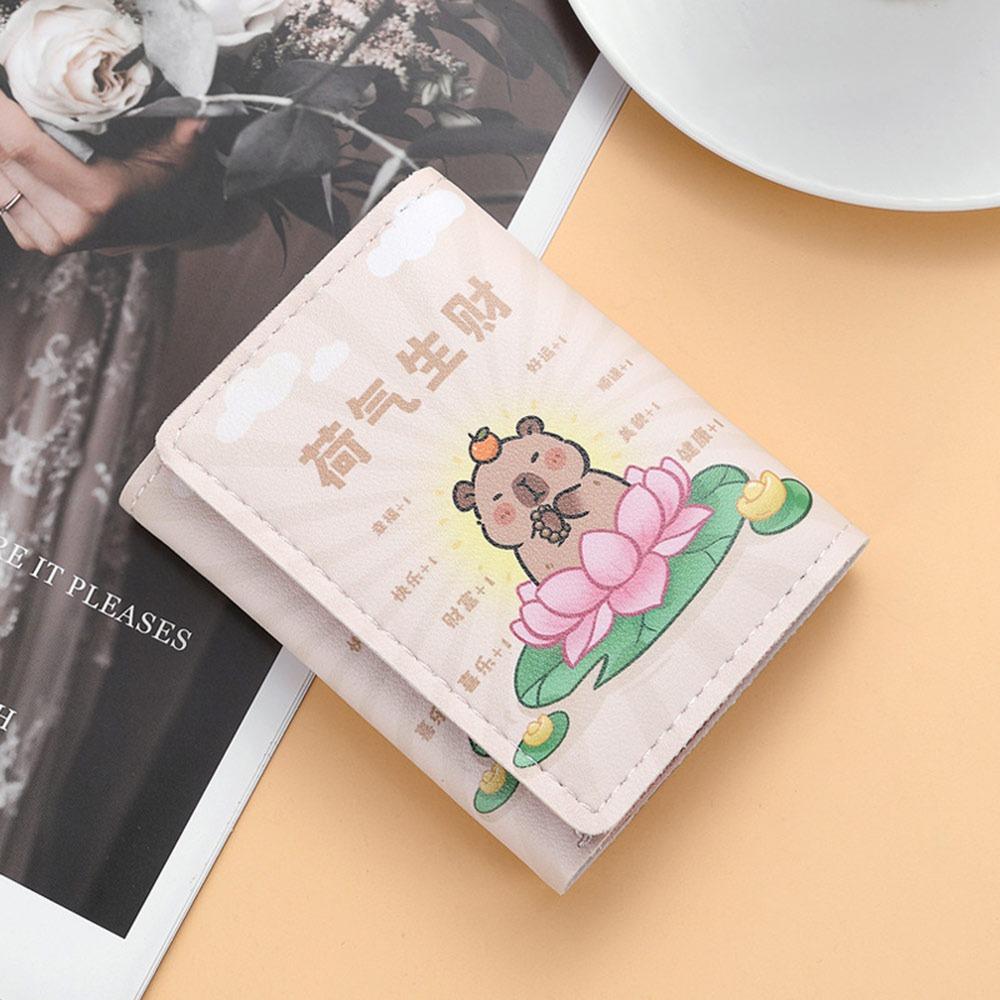 

New Foldable Cartoon Capybara Purse Lightweight PU Leather Coin Purse Multi-Pocket Storage Card Bag Women Girls
