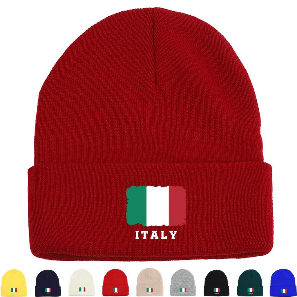Flag of Italy Print Knit Cap Beanie, Patriotic Woman Cap Soft Stretchable Headwear Pompom Beanies Knitted Hat Beanie