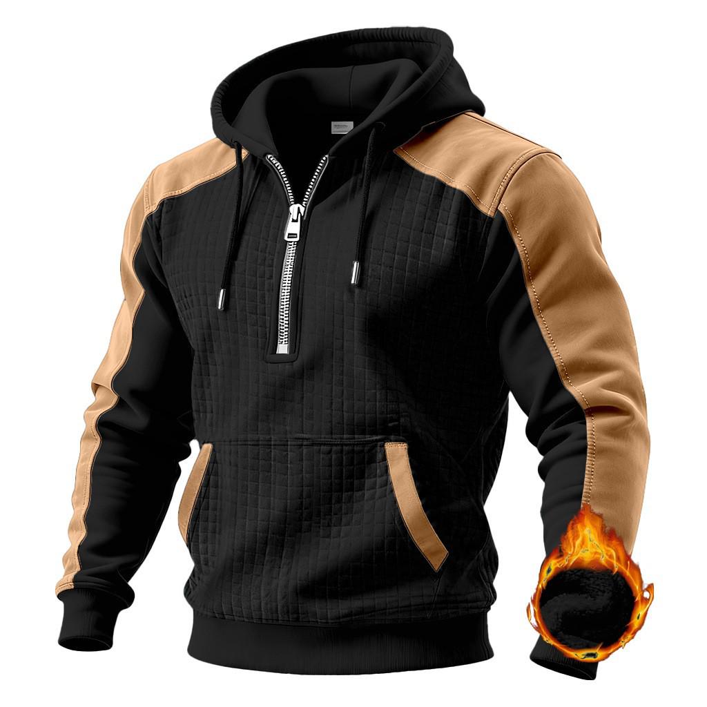 Men's Retro Color Block Velvet Hoodie - Autumn/Winter Trendy Sporty Casual Sweatshirt