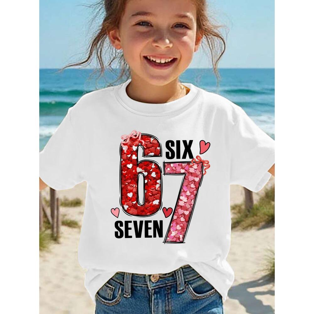 Summer Children's Round Neck Pure Cotton Short-sleeved Casual T-shirt with "67" Number Heart Cartoon Print, Pink Top for Girls.