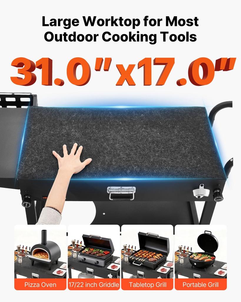 Outdoor Grill Cart, 787 x 432mm Tabletop Size Grilling Table, Foldable Outdoor Cooking Table with Tissue Holder, Hooks, Wheels, Side Table, BBQ Prep