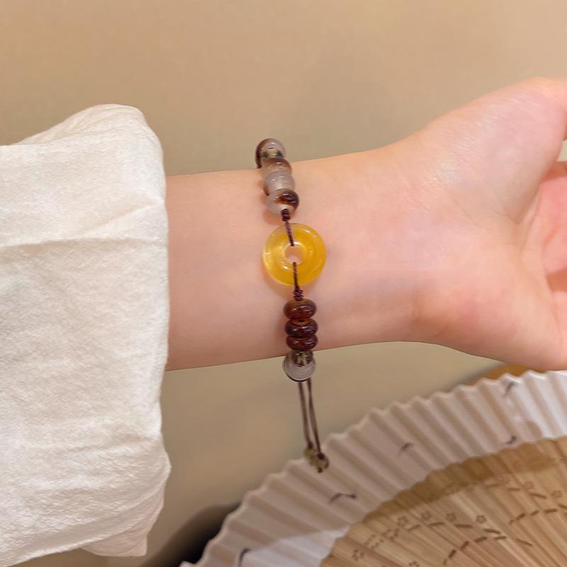 Lucky Peace Buckle Beaded Woven Bracelet for Women Retro Brown Handmade Ethnic Style Adjustable Bracelet Friendship Jewelry