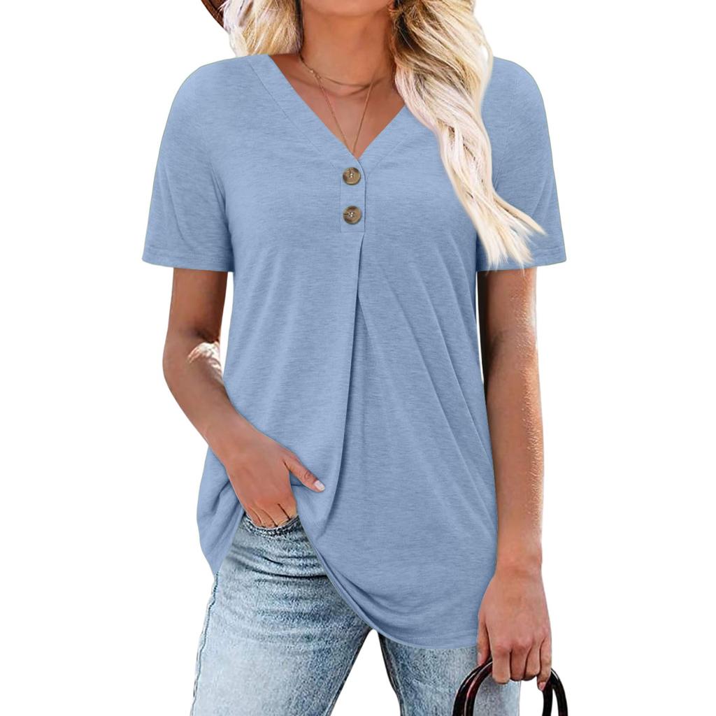 Women's Fashion Casual Short Sleeve Buttoned V-Neck T-Shirt Top