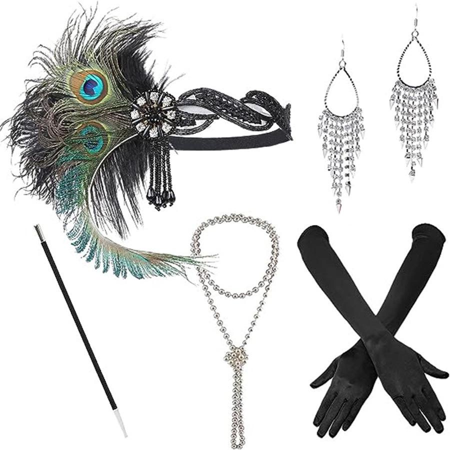 

1920s Retro Feather Headpiece & Jewelry Set for Evening Parties