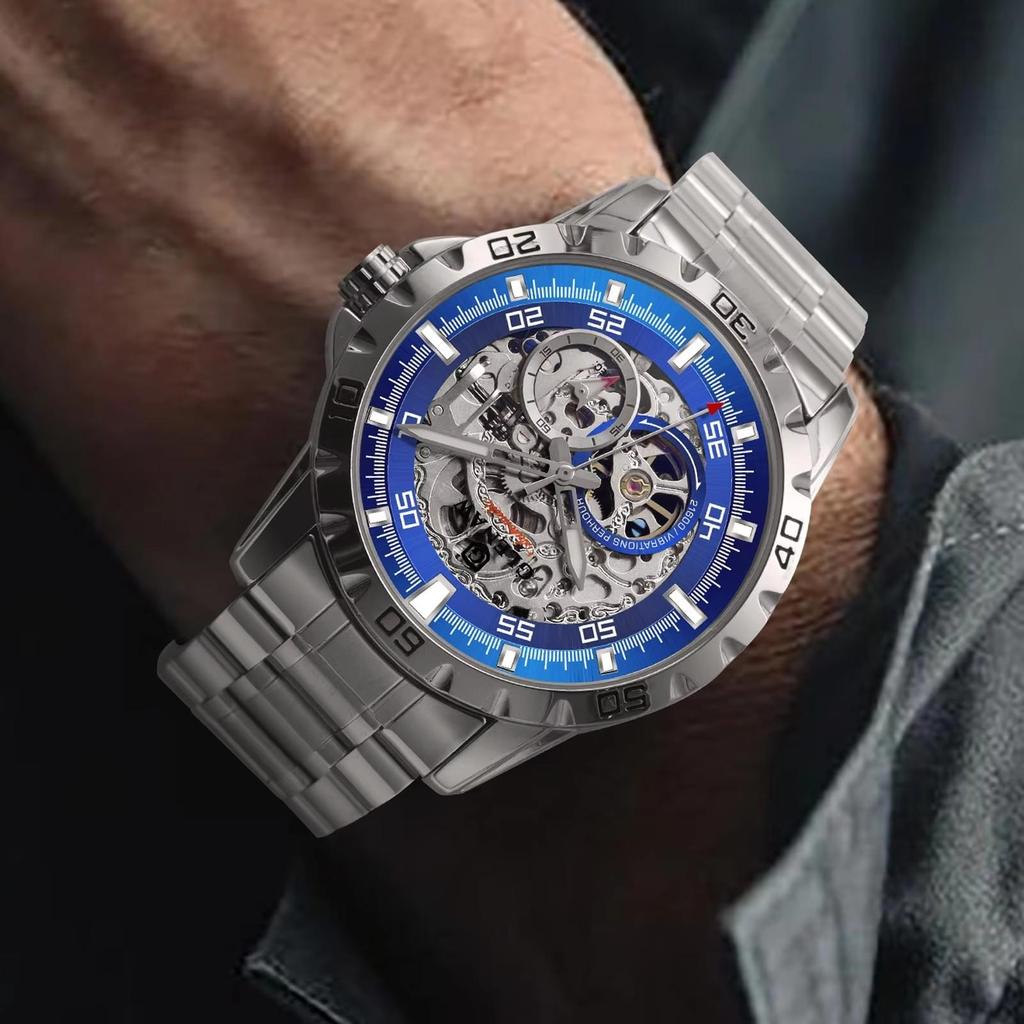 Man Steampunk Skeleton Fully Automatic Mechanical Watch Luminous Waterproof Stainless Steel Strap